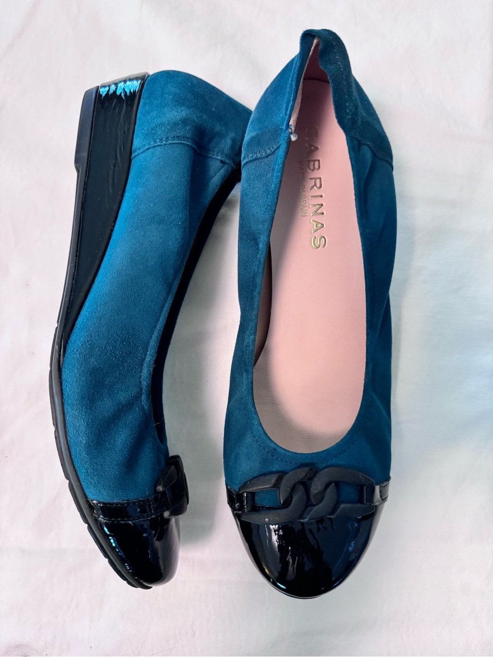 Sabrina’s Teal Suede Ballet Flats with Patent Cap Toe